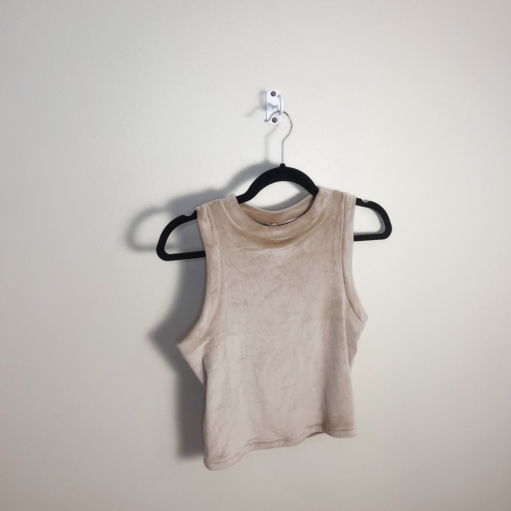 SKIMS Tank Top Women L Beige Velour Crop High Neck Sleeveless Stretch Top - Picture 3 of 7